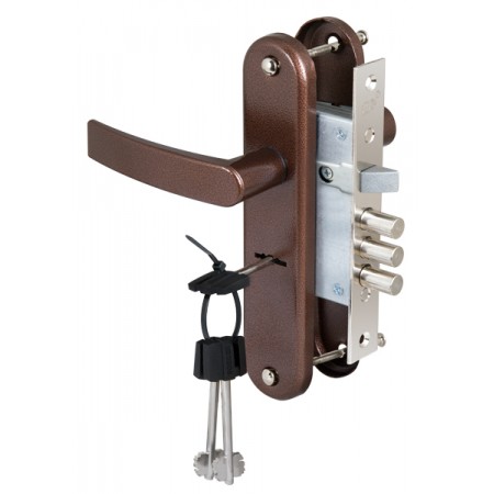 Замок врезной ЗВ9-8/13 с ручкой, 3 риг., медь /84301/