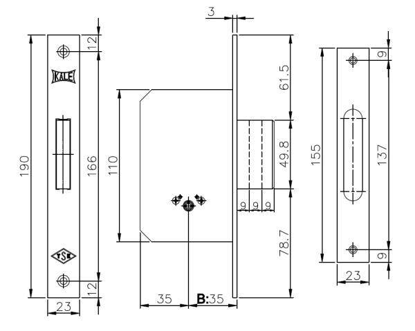 Замок врезной KALE 189/F (35 mm) Под один ключ крестообразный