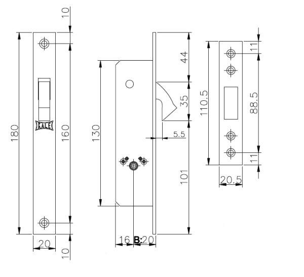 Замок врезной KALE 201F (20 mm) Под один ключ крестообразный узкопрофильный
